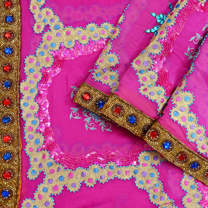 Indian Vintage Heavy Bridal Dupatta Pink Pure Georgette Silk Long Stole Hand Embroidered Scarf Zardozi/Dabka Zari Wedding/Party Dupatta
