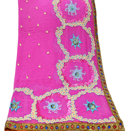 Indian Vintage Heavy Bridal Dupatta Pink Pure Georgette Silk Long Stole Hand Embroidered Scarf Zardozi/Dabka Zari Wedding/Party Dupatta