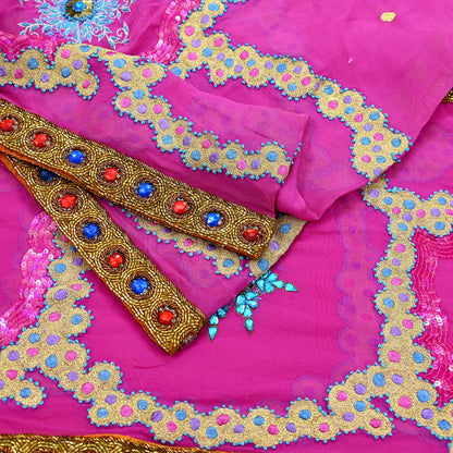 Indian Vintage Heavy Bridal Dupatta Pink Pure Georgette Silk Long Stole Hand Embroidered Scarf Zardozi/Dabka Zari Wedding/Party Dupatta