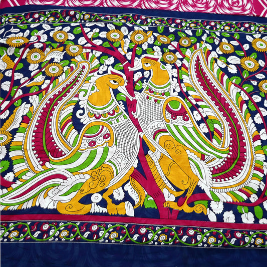 Indian Vintage Sari Kalamkari Printed Pure Cotton Saree Fabric Soft Floral 5Yd Sarong Wrap Fabric Peacock Dress making Crafting Quilting