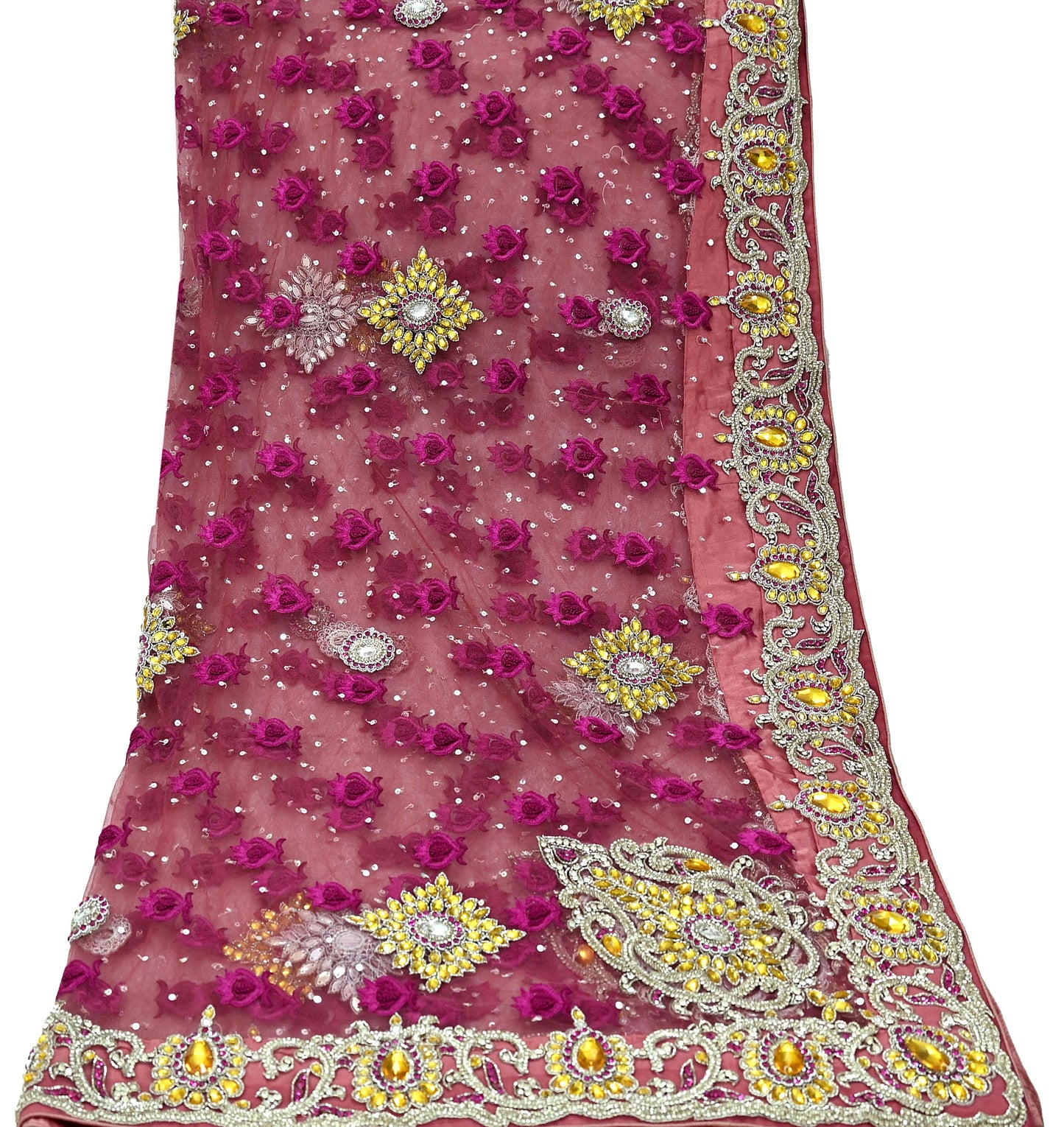 Indian Vintage Heavy Bridal Pink Dupatta Net Mesh Long Stole Hand Embroidered Scarves Golden Zardozi Dabka Zari Sequins Wedding Veil Hijab
