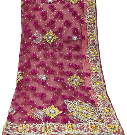 Indian Vintage Heavy Bridal Pink Dupatta Net Mesh Long Stole Hand Embroidered Scarves Golden Zardozi Dabka Zari Sequins Wedding Veil Hijab