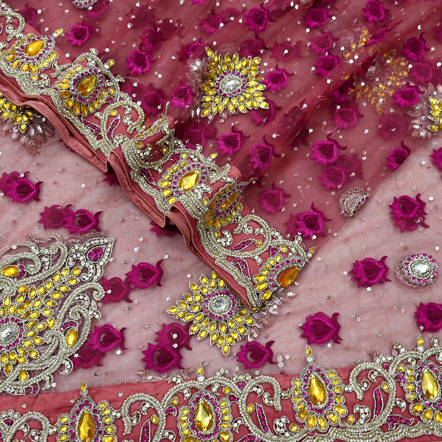 Indian Vintage Heavy Bridal Pink Dupatta Net Mesh Long Stole Hand Embroidered Scarves Golden Zardozi Dabka Zari Sequins Wedding Veil Hijab