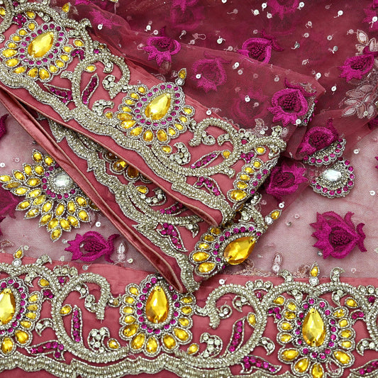 Indian Vintage Heavy Bridal Pink Dupatta Net Mesh Long Stole Hand Embroidered Scarves Golden Zardozi Dabka Zari Sequins Wedding Veil Hijab
