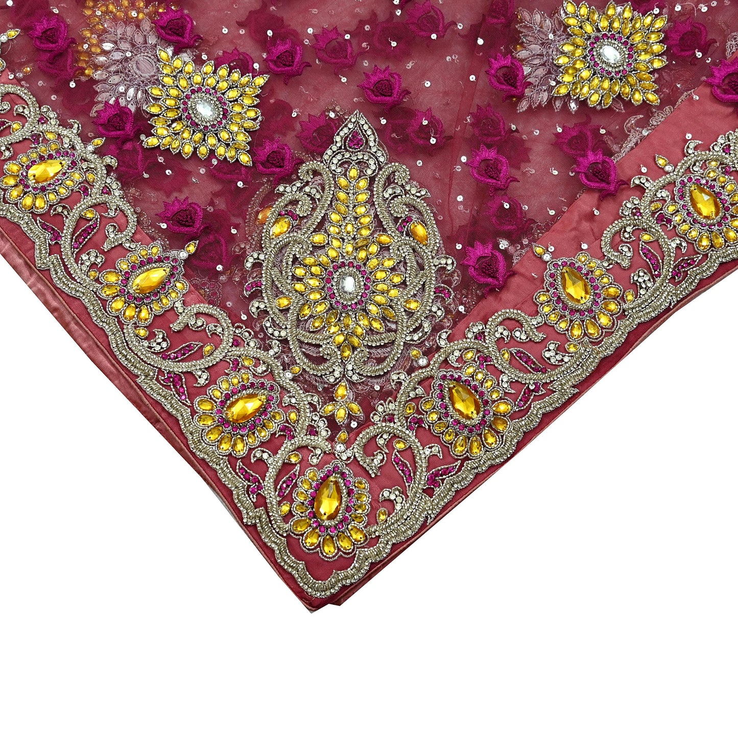 Indian Vintage Heavy Bridal Pink Dupatta Net Mesh Long Stole Hand Embroidered Scarves Golden Zardozi Dabka Zari Sequins Wedding Veil Hijab