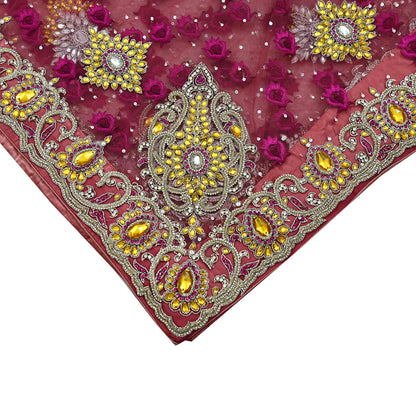 Indian Vintage Heavy Bridal Pink Dupatta Net Mesh Long Stole Hand Embroidered Scarves Golden Zardozi Dabka Zari Sequins Wedding Veil Hijab