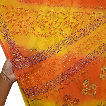 Indian Vintage Red Saree Pure Georgette Silk Hand Embroidered Kantha Sari Craft Fabric 5yd Sewing Floral Soft Sequins Dress making