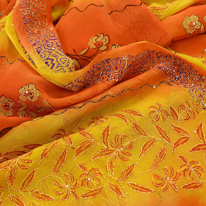 Indian Vintage Red Saree Pure Georgette Silk Hand Embroidered Kantha Sari Craft Fabric 5yd Sewing Floral Soft Sequins Dress making