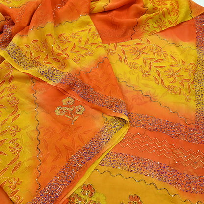 Indian Vintage Red Saree Pure Georgette Silk Hand Embroidered Kantha Sari Craft Fabric 5yd Sewing Floral Soft Sequins Dress making