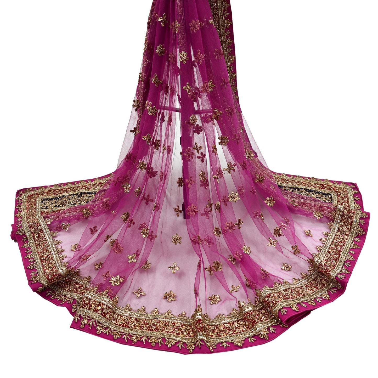 Indian Vintage Heavy Bridal Pink Dupatta Net Mesh Long Stole Hand Embroidered Scarves Golden Zardozi Dabka Zari Sequins Wedding Veil Hijab