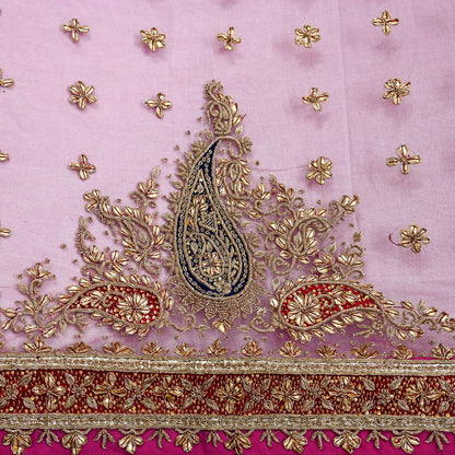 Indian Vintage Heavy Bridal Pink Dupatta Net Mesh Long Stole Hand Embroidered Scarves Golden Zardozi Dabka Zari Sequins Wedding Veil Hijab