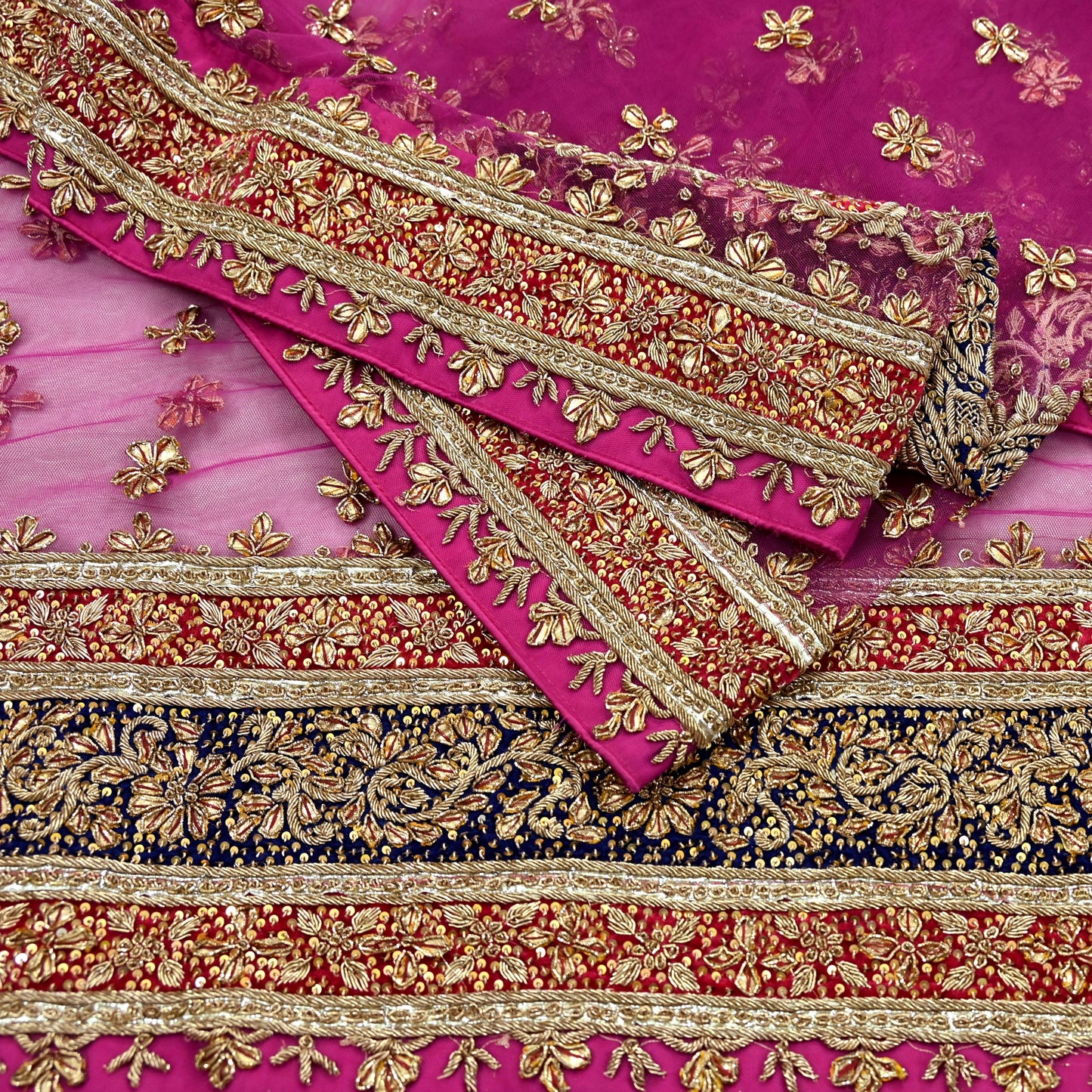 Indian Vintage Heavy Bridal Pink Dupatta Net Mesh Long Stole Hand Embroidered Scarves Golden Zardozi Dabka Zari Sequins Wedding Veil Hijab