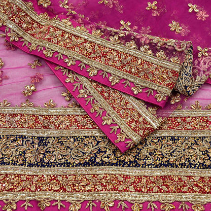 Indian Vintage Heavy Bridal Pink Dupatta Net Mesh Long Stole Hand Embroidered Scarves Golden Zardozi Dabka Zari Sequins Wedding Veil Hijab