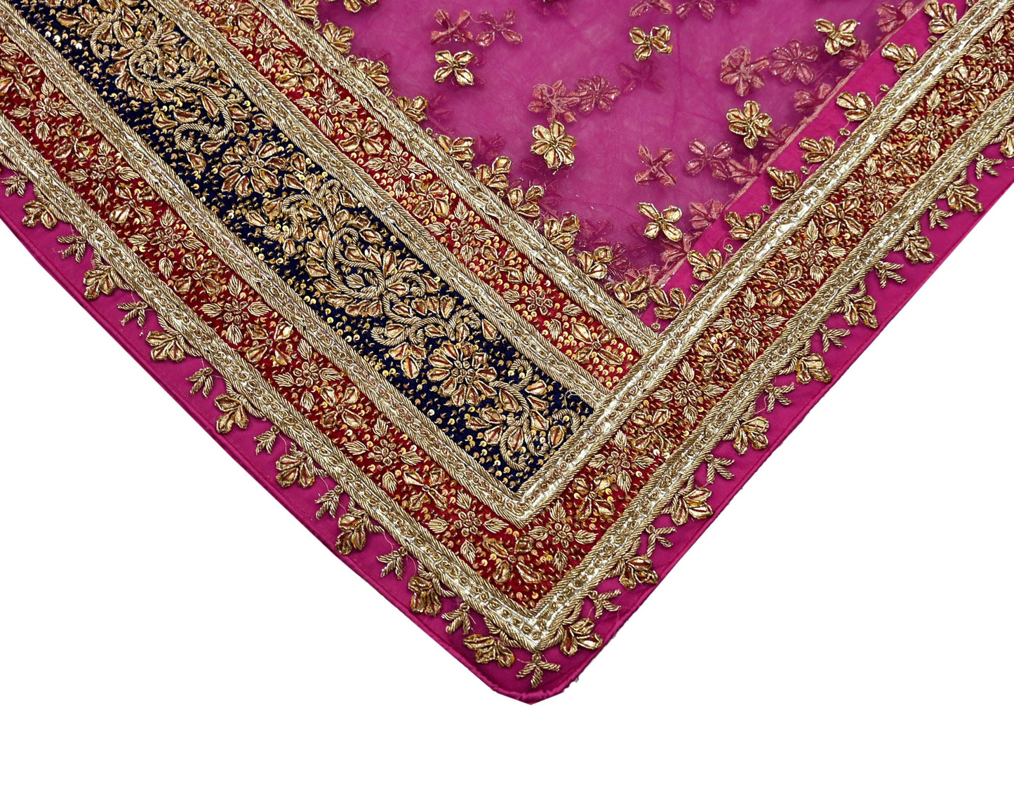 Indian Vintage Heavy Bridal Pink Dupatta Net Mesh Long Stole Hand Embroidered Scarves Golden Zardozi Dabka Zari Sequins Wedding Veil Hijab