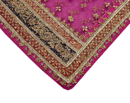 Indian Vintage Heavy Bridal Pink Dupatta Net Mesh Long Stole Hand Embroidered Scarves Golden Zardozi Dabka Zari Sequins Wedding Veil Hijab
