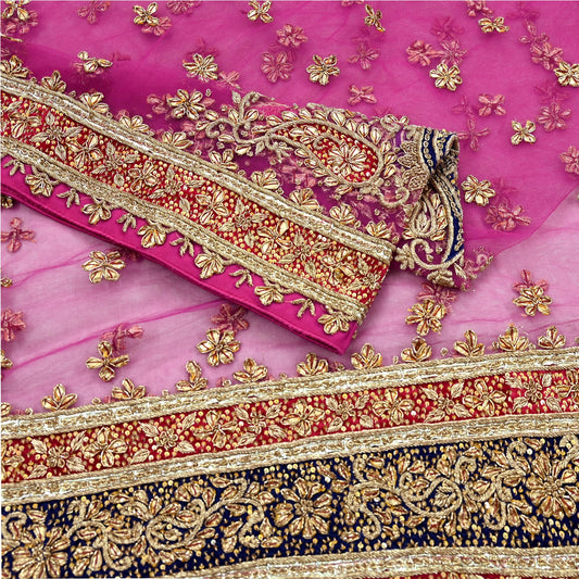 Indian Vintage Heavy Bridal Pink Dupatta Net Mesh Long Stole Hand Embroidered Scarves Golden Zardozi Dabka Zari Sequins Wedding Veil Hijab