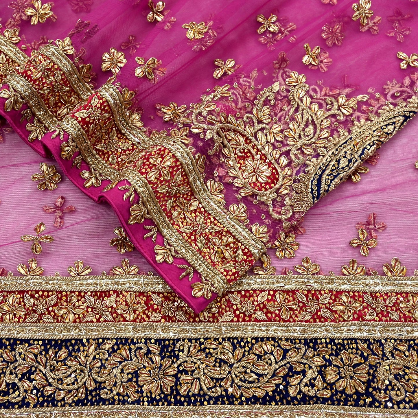 Indian Vintage Heavy Bridal Pink Dupatta Net Mesh Long Stole Hand Embroidered Scarves Golden Zardozi Dabka Zari Sequins Wedding Veil Hijab