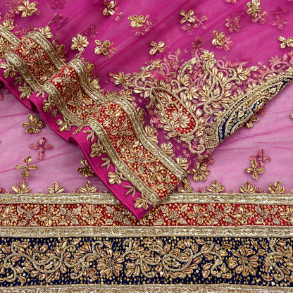 Indian Vintage Heavy Bridal Pink Dupatta Net Mesh Long Stole Hand Embroidered Scarves Golden Zardozi Dabka Zari Sequins Wedding Veil Hijab