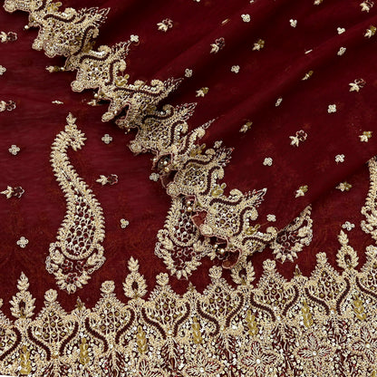 Indian Vintage Heavy Wedding Maroon Dupatta Net Mesh Long Stole Hand Embroidered Scarves Golden Zardozi Zari Sequins Dridal Veil Hijab