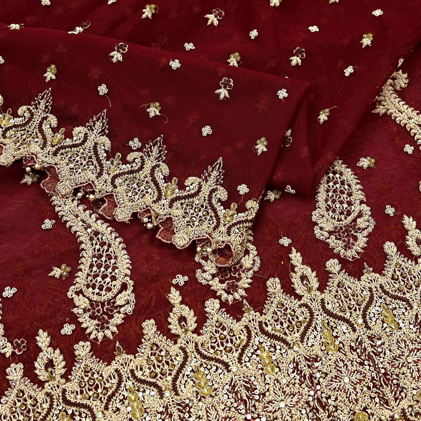 Indian Vintage Heavy Wedding Maroon Dupatta Net Mesh Long Stole Hand Embroidered Scarves Golden Zardozi Zari Sequins Dridal Veil Hijab