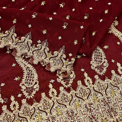 Indian Vintage Heavy Wedding Maroon Dupatta Net Mesh Long Stole Hand Embroidered Scarves Golden Zardozi Zari Sequins Dridal Veil Hijab