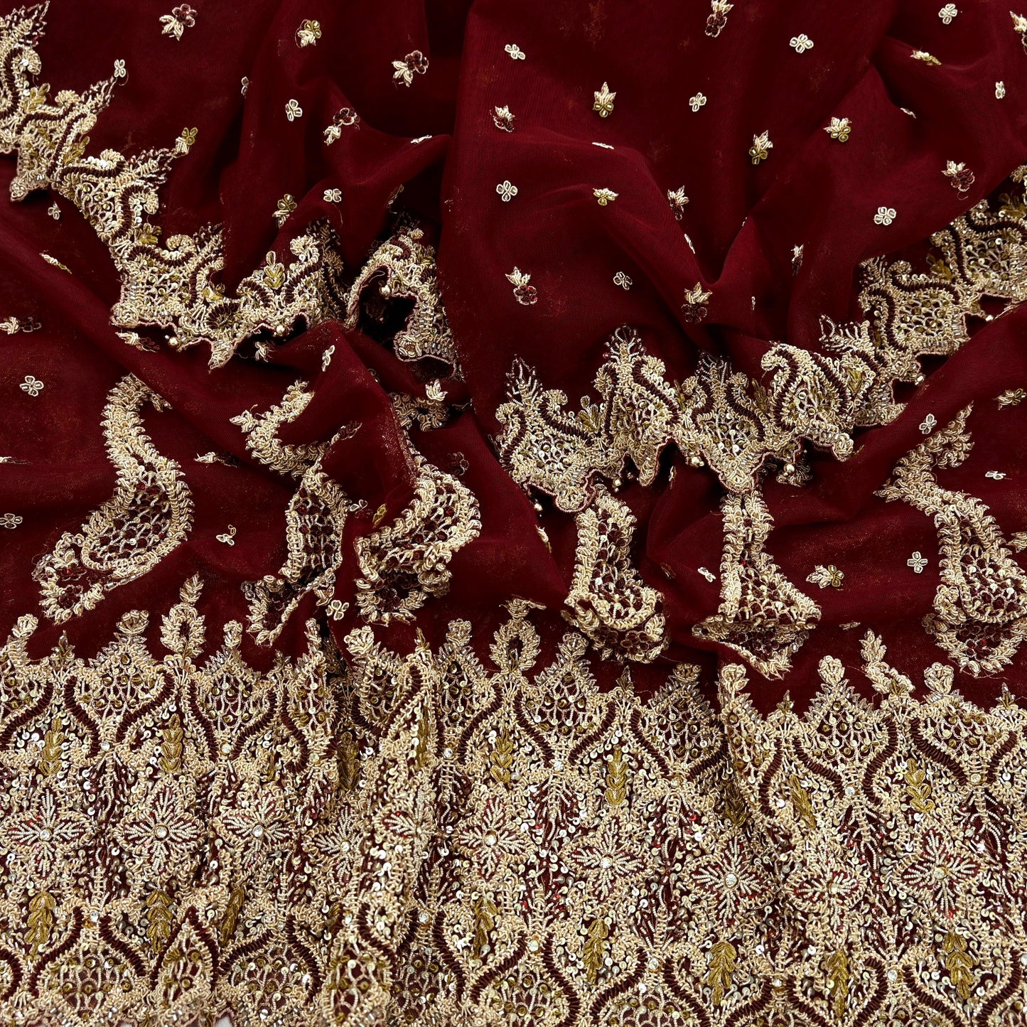 Indian Vintage Heavy Wedding Maroon Dupatta Net Mesh Long Stole Hand Embroidered Scarves Golden Zardozi Zari Sequins Dridal Veil Hijab