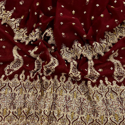 Indian Vintage Heavy Wedding Maroon Dupatta Net Mesh Long Stole Hand Embroidered Scarves Golden Zardozi Zari Sequins Dridal Veil Hijab