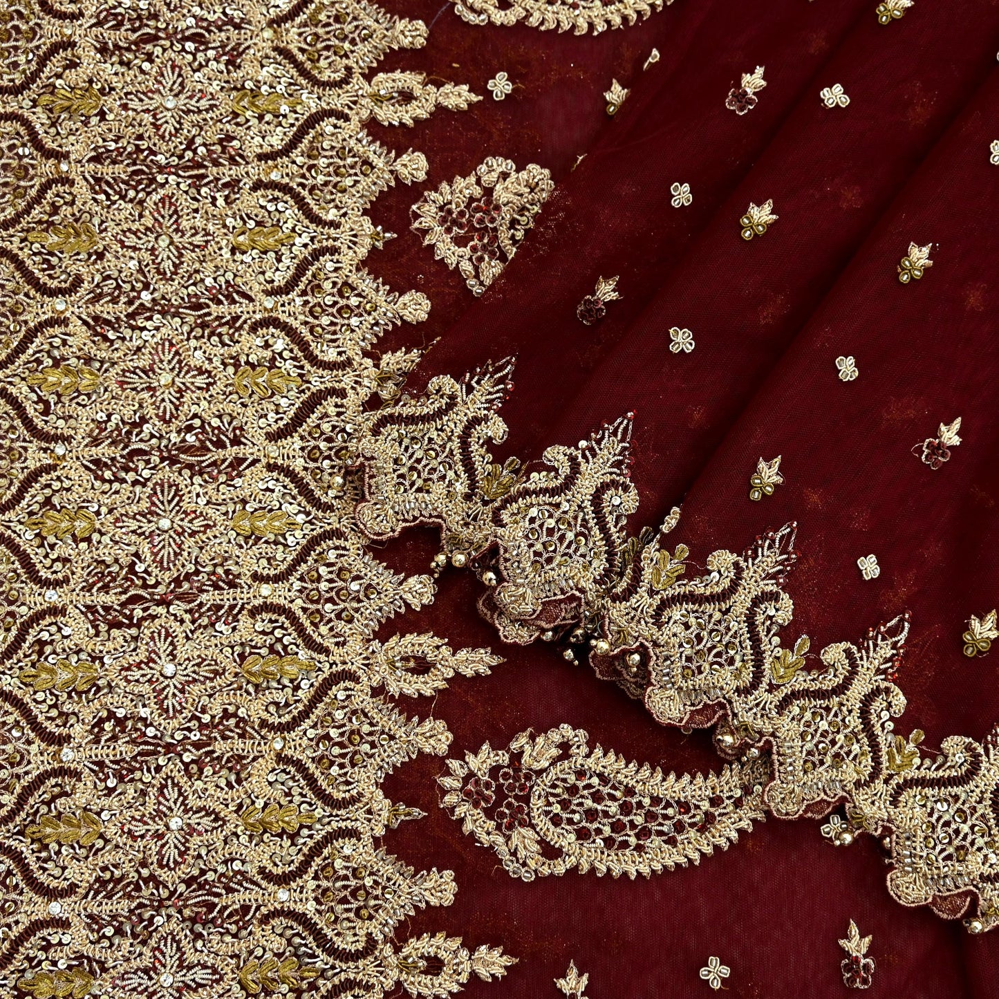 Indian Vintage Heavy Wedding Maroon Dupatta Net Mesh Long Stole Hand Embroidered Scarves Golden Zardozi Zari Sequins Dridal Veil Hijab