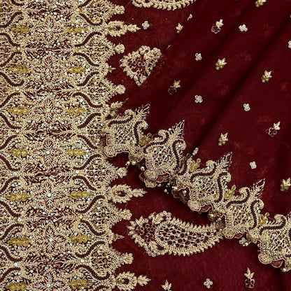 Indian Vintage Heavy Wedding Maroon Dupatta Net Mesh Long Stole Hand Embroidered Scarves Golden Zardozi Zari Sequins Dridal Veil Hijab