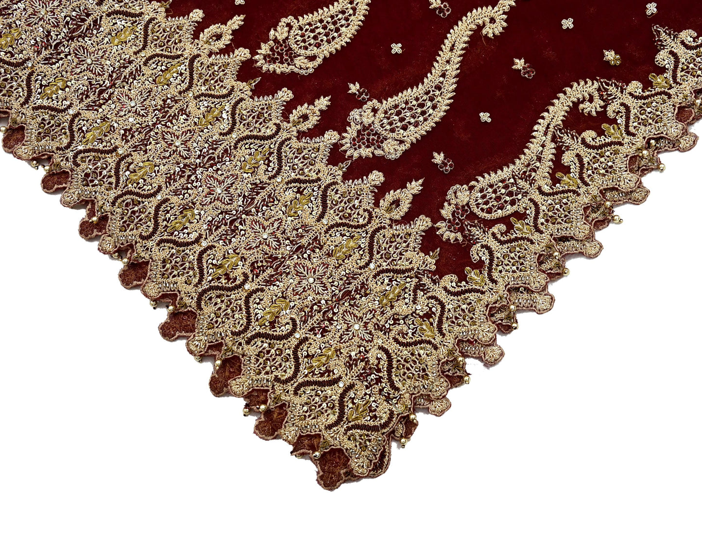 Indian Vintage Heavy Wedding Maroon Dupatta Net Mesh Long Stole Hand Embroidered Scarves Golden Zardozi Zari Sequins Dridal Veil Hijab
