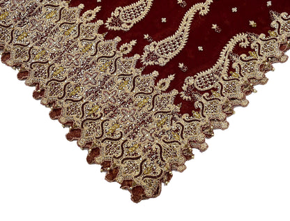 Indian Vintage Heavy Wedding Maroon Dupatta Net Mesh Long Stole Hand Embroidered Scarves Golden Zardozi Zari Sequins Dridal Veil Hijab