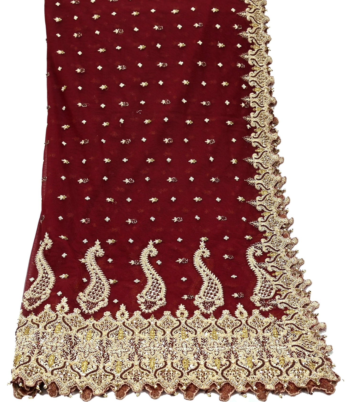 Indian Vintage Heavy Wedding Maroon Dupatta Net Mesh Long Stole Hand Embroidered Scarves Golden Zardozi Zari Sequins Dridal Veil Hijab