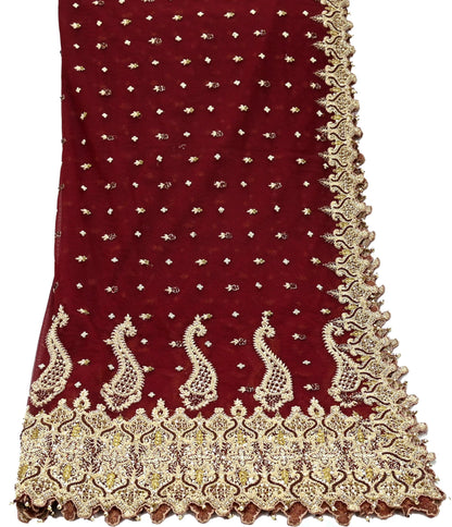 Indian Vintage Heavy Wedding Maroon Dupatta Net Mesh Long Stole Hand Embroidered Scarves Golden Zardozi Zari Sequins Dridal Veil Hijab
