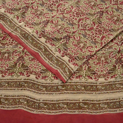 Indian Vintage Pink & beige Pure Crepe Silk Saree Floral Print 5 Yards Soft Sewing Fabric for Dressmaking, Quilting, Crafting  Upcycling