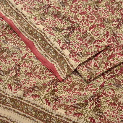 Indian Vintage Pink & beige Pure Crepe Silk Saree Floral Print 5 Yards Soft Sewing Fabric for Dressmaking, Quilting, Crafting  Upcycling