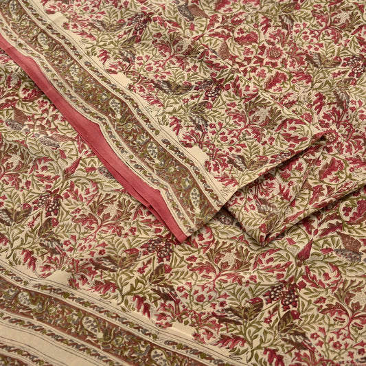 Indian Vintage Pink & beige Pure Crepe Silk Saree Floral Print 5 Yards Soft Sewing Fabric for Dressmaking, Quilting, Crafting  Upcycling