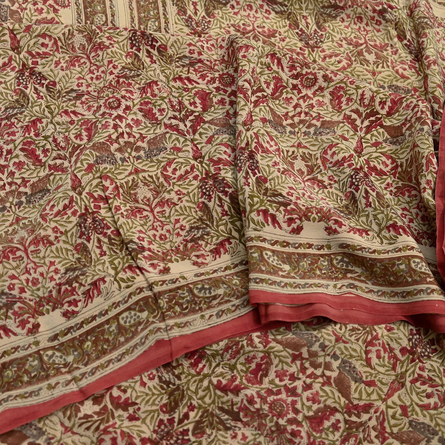 Indian Vintage Pink & beige Pure Crepe Silk Saree Floral Print 5 Yards Soft Sewing Fabric for Dressmaking, Quilting, Crafting  Upcycling