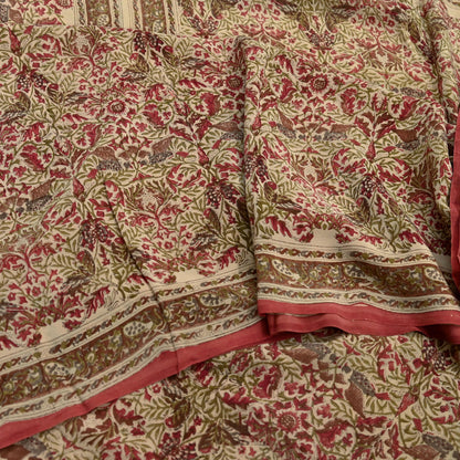 Indian Vintage Pink & beige Pure Crepe Silk Saree Floral Print 5 Yards Soft Sewing Fabric for Dressmaking, Quilting, Crafting  Upcycling