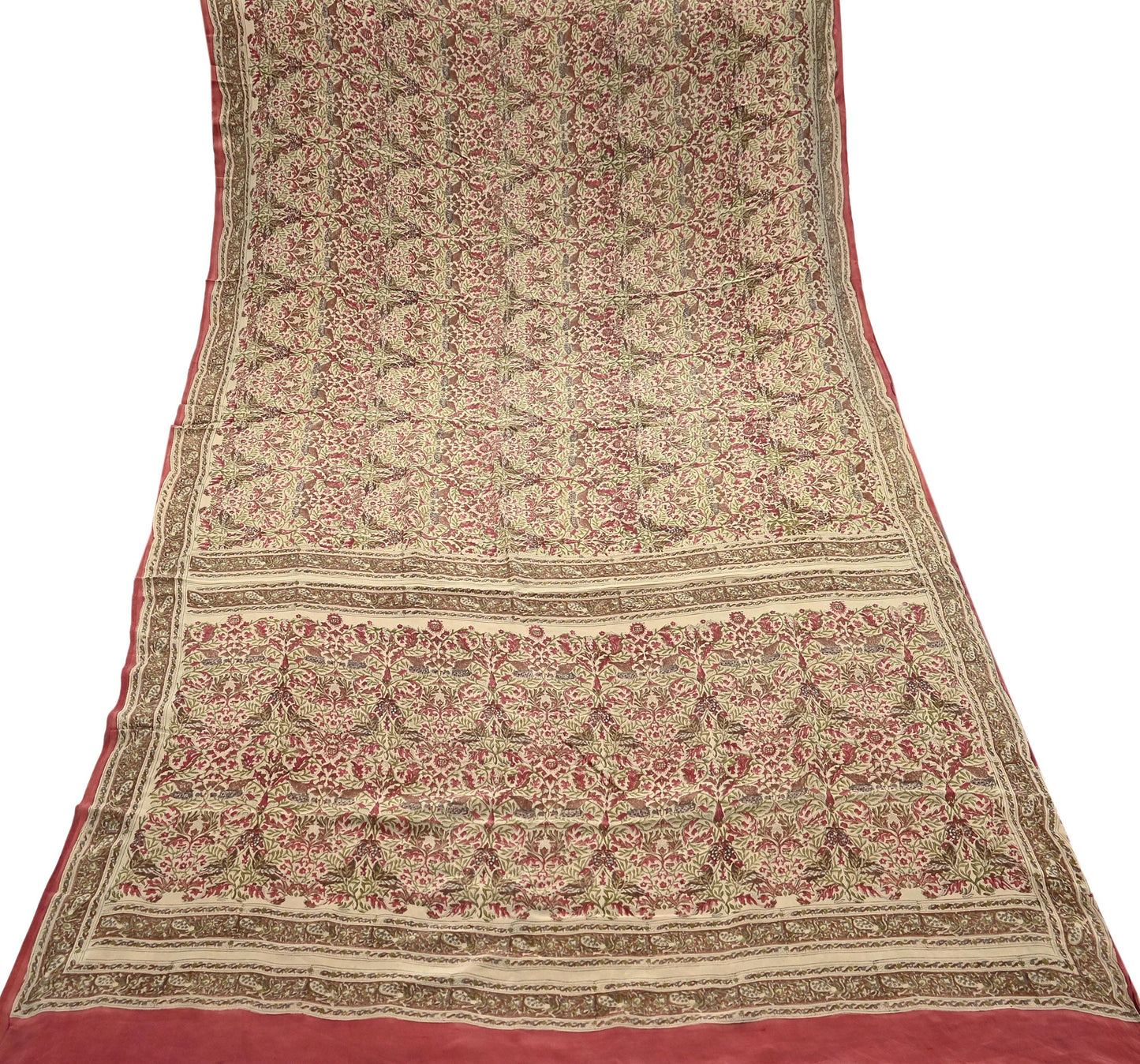 Indian Vintage Pink & beige Pure Crepe Silk Saree Floral Print 5 Yards Soft Sewing Fabric for Dressmaking, Quilting, Crafting  Upcycling