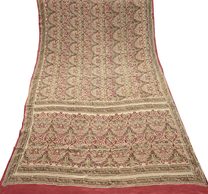 Indian Vintage Pink & beige Pure Crepe Silk Saree Floral Print 5 Yards Soft Sewing Fabric for Dressmaking, Quilting, Crafting  Upcycling