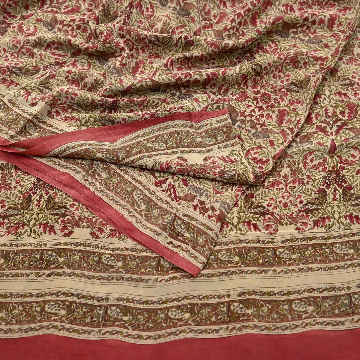 Indian Vintage Pink & beige Pure Crepe Silk Saree Floral Print 5 Yards Soft Sewing Fabric for Dressmaking, Quilting, Crafting  Upcycling
