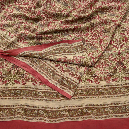 Indian Vintage Pink & beige Pure Crepe Silk Saree Floral Print 5 Yards Soft Sewing Fabric for Dressmaking, Quilting, Crafting  Upcycling