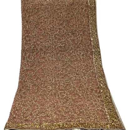 Indian Vintage Heavy Brown Dupatta Net Mesh Long Stole Hand Embroidered Scarf Zardozi Zari Sequins Stole Bridal Veil