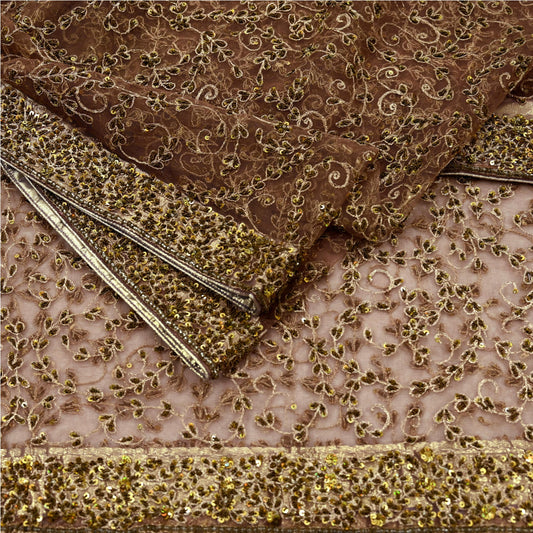 Indian Vintage Heavy Brown Dupatta Net Mesh Long Stole Hand Embroidered Scarf Zardozi Zari Sequins Stole Bridal Veil