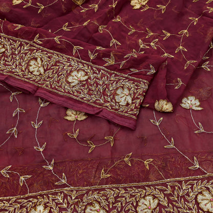 Indian Vintage Bridal Heavy Maroon Dupatta American Georgette Long Stole Hand Embroidered Scarves Zari Zardozi Bollywood Wedding Veil Hijab