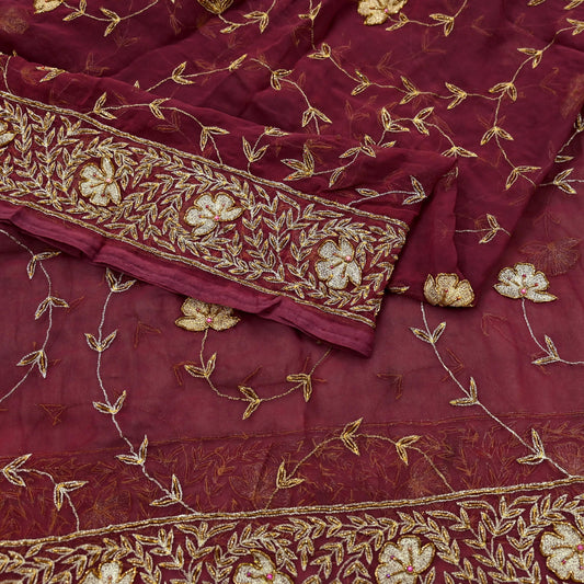 Indian Vintage Bridal Heavy Maroon Dupatta American Georgette Long Stole Hand Embroidered Scarves Zari Zardozi Bollywood Wedding Veil Hijab