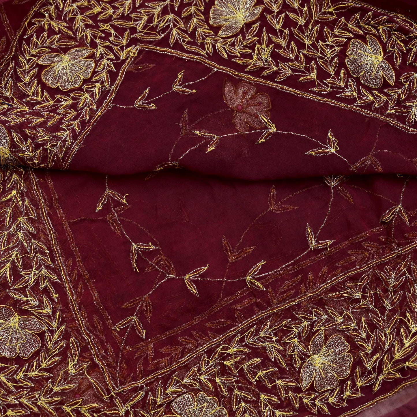 Indian Vintage Bridal Heavy Maroon Dupatta American Georgette Long Stole Hand Embroidered Scarves Zari Zardozi Bollywood Wedding Veil Hijab