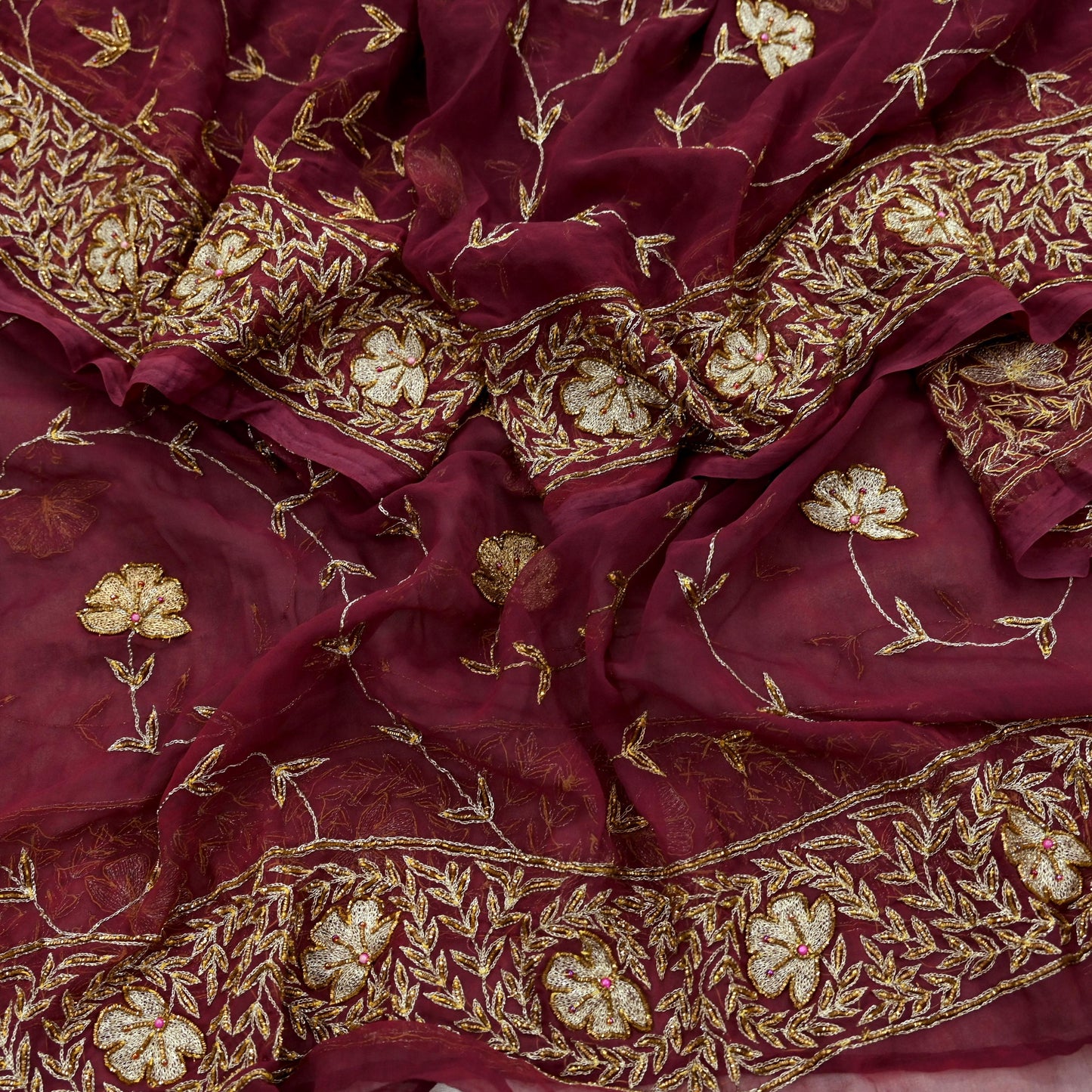 Indian Vintage Bridal Heavy Maroon Dupatta American Georgette Long Stole Hand Embroidered Scarves Zari Zardozi Bollywood Wedding Veil Hijab
