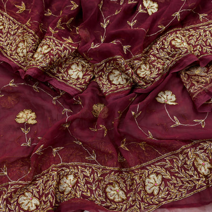 Indian Vintage Bridal Heavy Maroon Dupatta American Georgette Long Stole Hand Embroidered Scarves Zari Zardozi Bollywood Wedding Veil Hijab