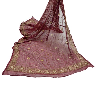 Indian Vintage Bridal Heavy Maroon Dupatta American Georgette Long Stole Hand Embroidered Scarves Zari Zardozi Bollywood Wedding Veil Hijab